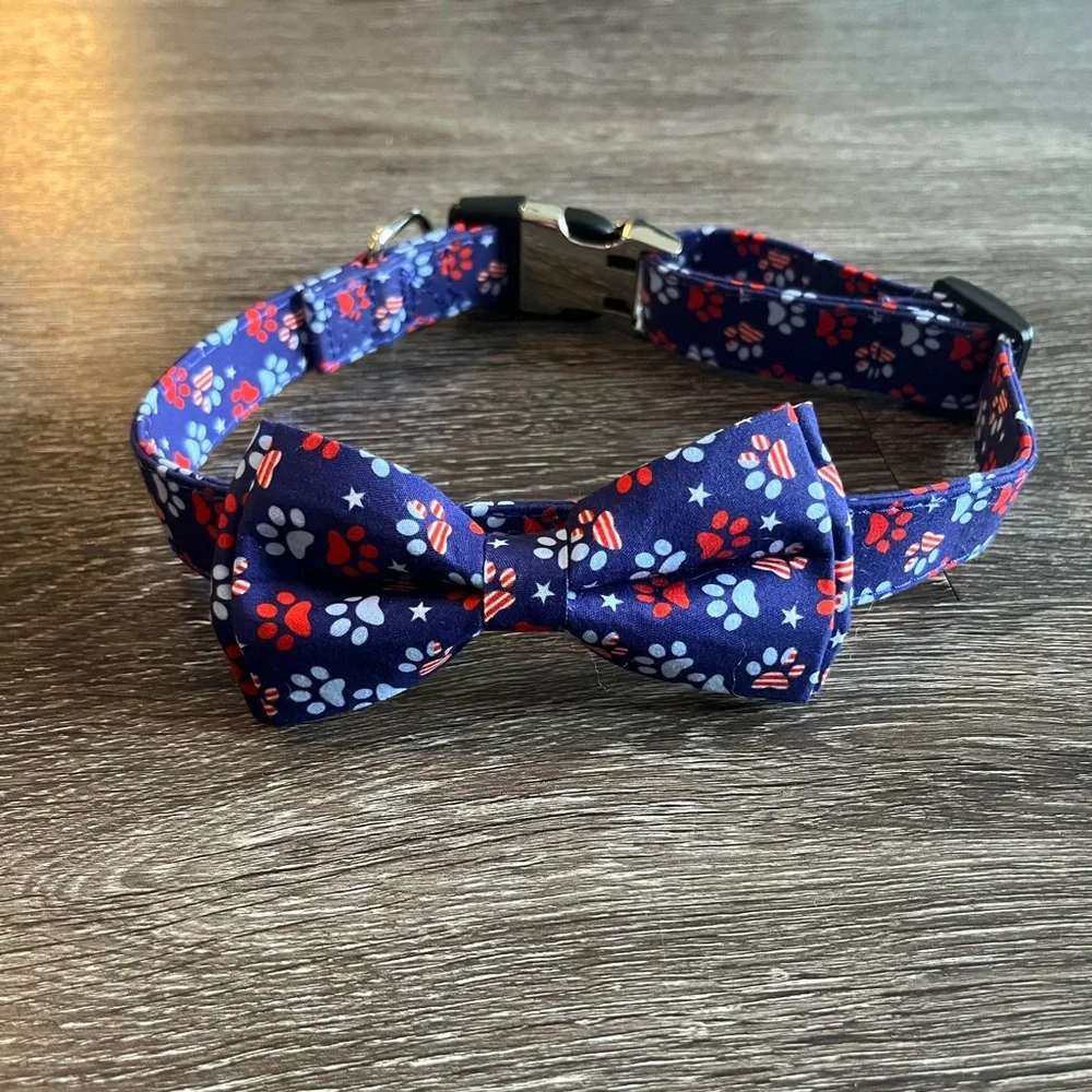 Navy Blue Paw Print Bow Tie Collar